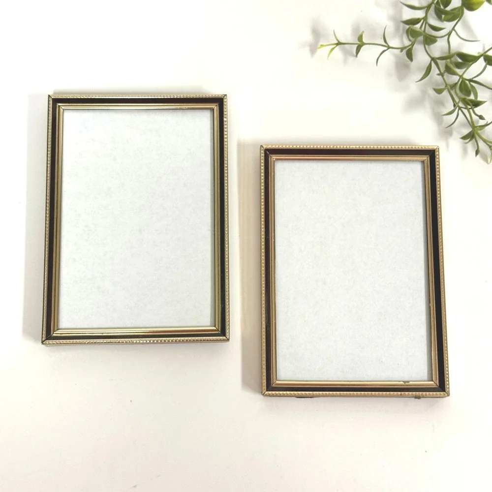 Vintage Gold Tone Metal Beaded 4x6 Picture Frames Set of 2 Brown Enamel Trim